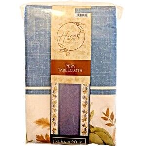Autumn Leaves Blue Green Pumpkins Vinyl Tablecloth Blue Center 52 x 90-in NEW